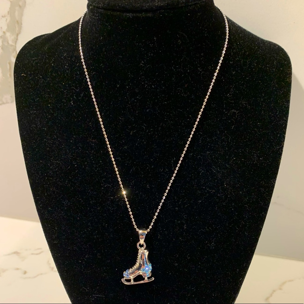 Beautiful Silver Ice Skate W/ Blue Rhinestones and Chain 3D